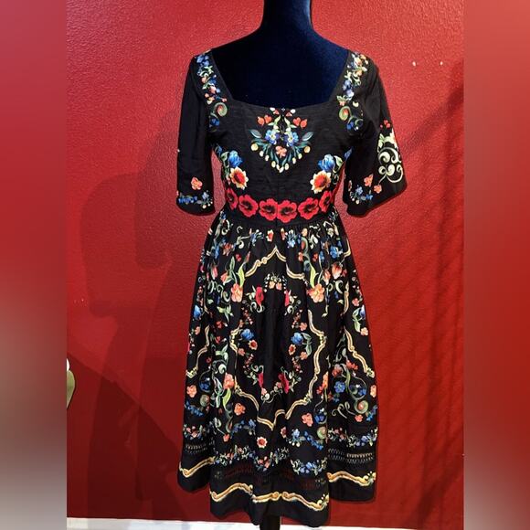 By Megan black floral embroidered dress womens M square neck midi 3/4 sleeve NWT - Picture 4 of 13